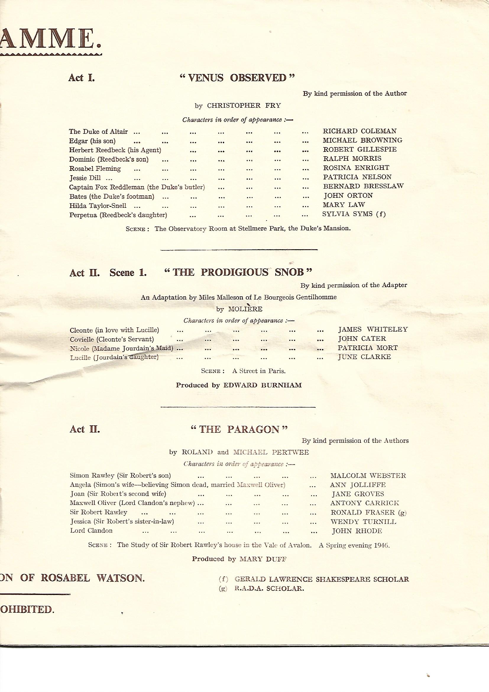 RADA Annual Student Performance programme 1953, Venus Observed, The Prodigious Snob, The Paragon
