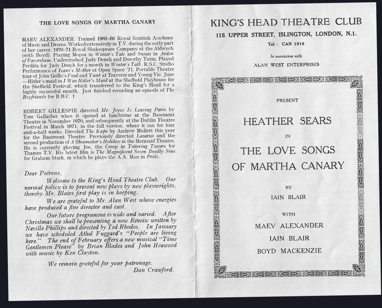 The Love Songs of Martha Canary Programme The King's Head Theatre Club Islington 1971