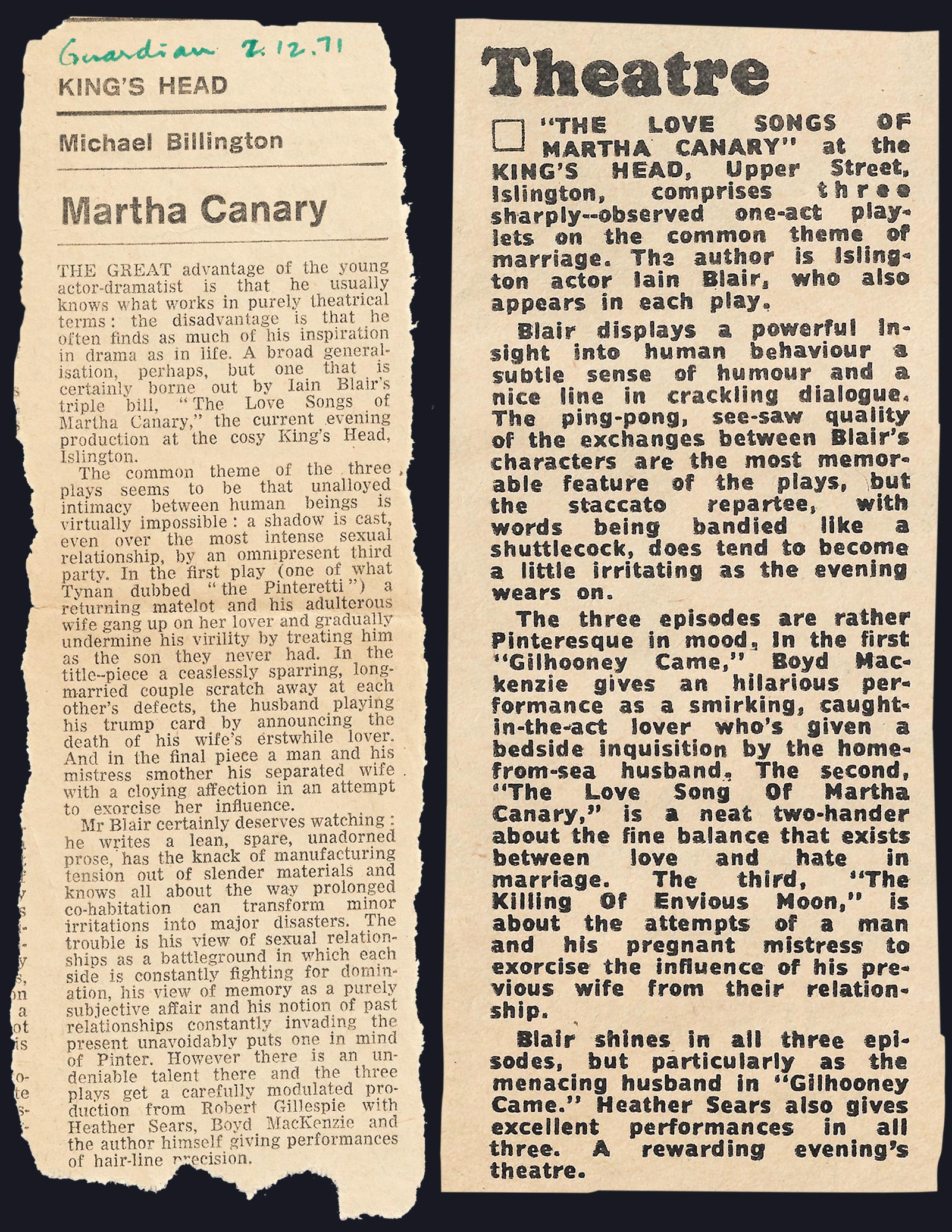 The Love Songs of Martha Canary, King's Head Theatre Islington press review